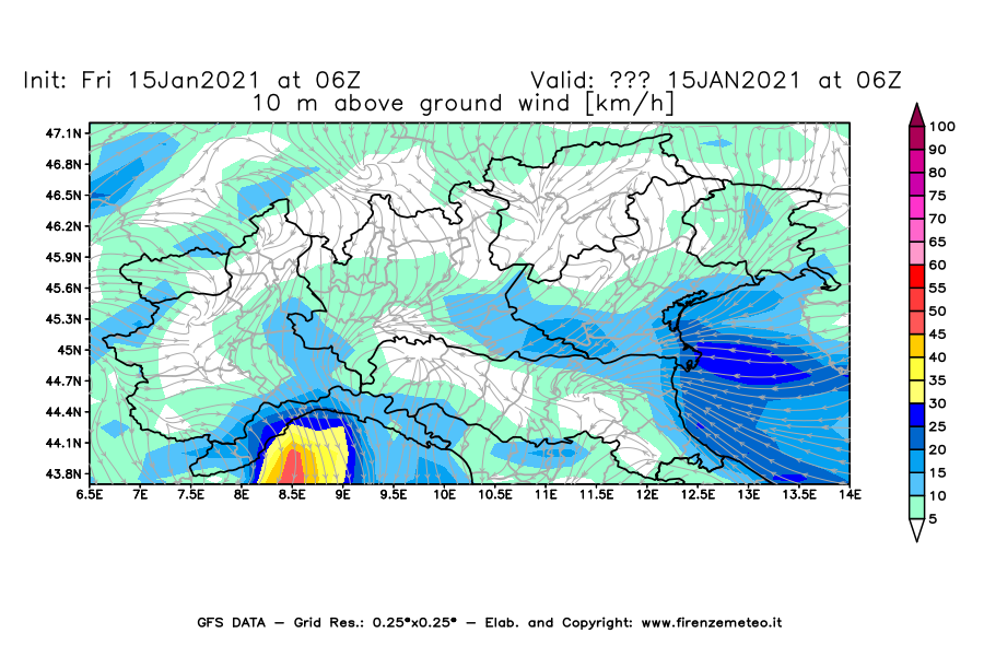 Mappa di analisi GFS - Velocità del vento a 10 metri dal suolo [km/h] in Nord-Italia
									del 15/01/2021 06 <!--googleoff: index-->UTC<!--googleon: index-->