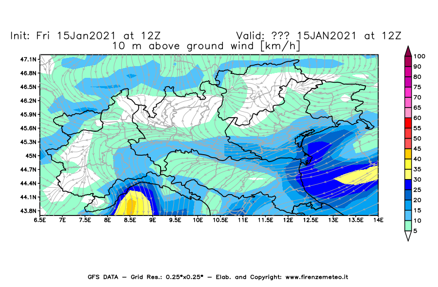 Mappa di analisi GFS - Velocità del vento a 10 metri dal suolo [km/h] in Nord-Italia
									del 15/01/2021 12 <!--googleoff: index-->UTC<!--googleon: index-->
