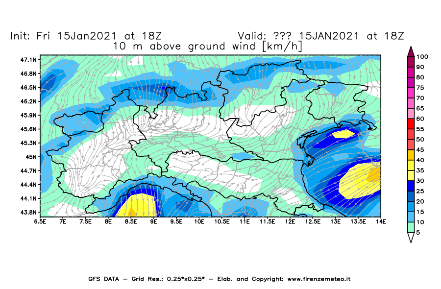 Mappa di analisi GFS - Velocità del vento a 10 metri dal suolo [km/h] in Nord-Italia
									del 15/01/2021 18 <!--googleoff: index-->UTC<!--googleon: index-->