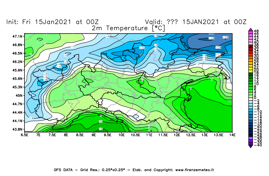 Mappa di analisi GFS - Temperatura a 2 metri dal suolo [°C] in Nord-Italia
									del 15/01/2021 00 <!--googleoff: index-->UTC<!--googleon: index-->