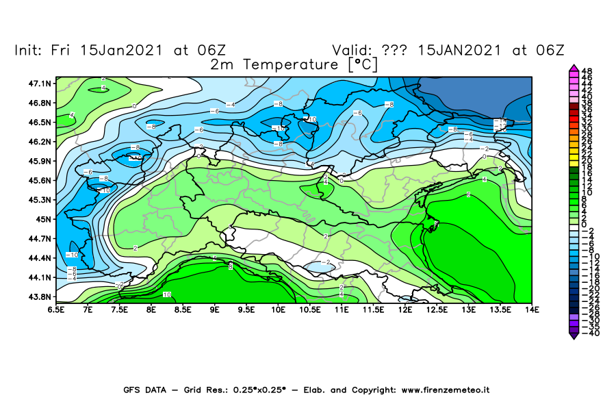Mappa di analisi GFS - Temperatura a 2 metri dal suolo [°C] in Nord-Italia
									del 15/01/2021 06 <!--googleoff: index-->UTC<!--googleon: index-->