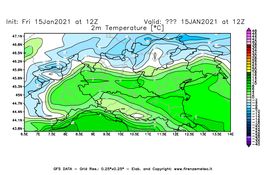 Mappa di analisi GFS - Temperatura a 2 metri dal suolo [°C] in Nord-Italia
									del 15/01/2021 12 <!--googleoff: index-->UTC<!--googleon: index-->