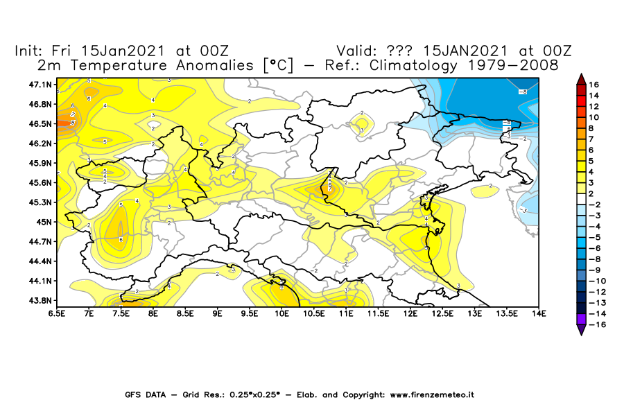 Mappa di analisi GFS - Anomalia Temperatura [°C] a 2 m in Nord-Italia
									del 15/01/2021 00 <!--googleoff: index-->UTC<!--googleon: index-->