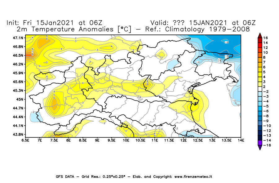 Mappa di analisi GFS - Anomalia Temperatura [°C] a 2 m in Nord-Italia
									del 15/01/2021 06 <!--googleoff: index-->UTC<!--googleon: index-->