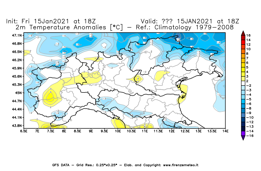 Mappa di analisi GFS - Anomalia Temperatura [°C] a 2 m in Nord-Italia
									del 15/01/2021 18 <!--googleoff: index-->UTC<!--googleon: index-->
