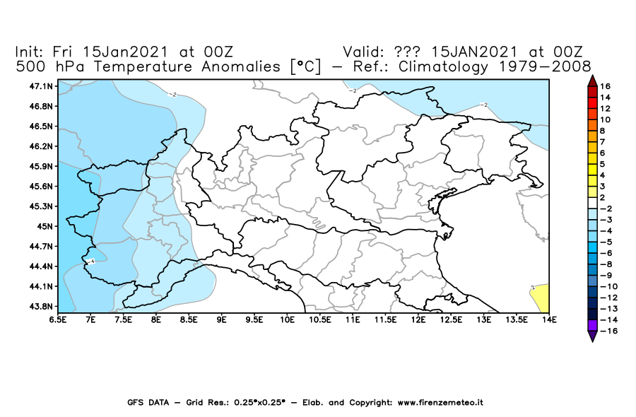 Mappa di analisi GFS - Anomalia Temperatura [°C] a 500 hPa in Nord-Italia
									del 15/01/2021 00 <!--googleoff: index-->UTC<!--googleon: index-->