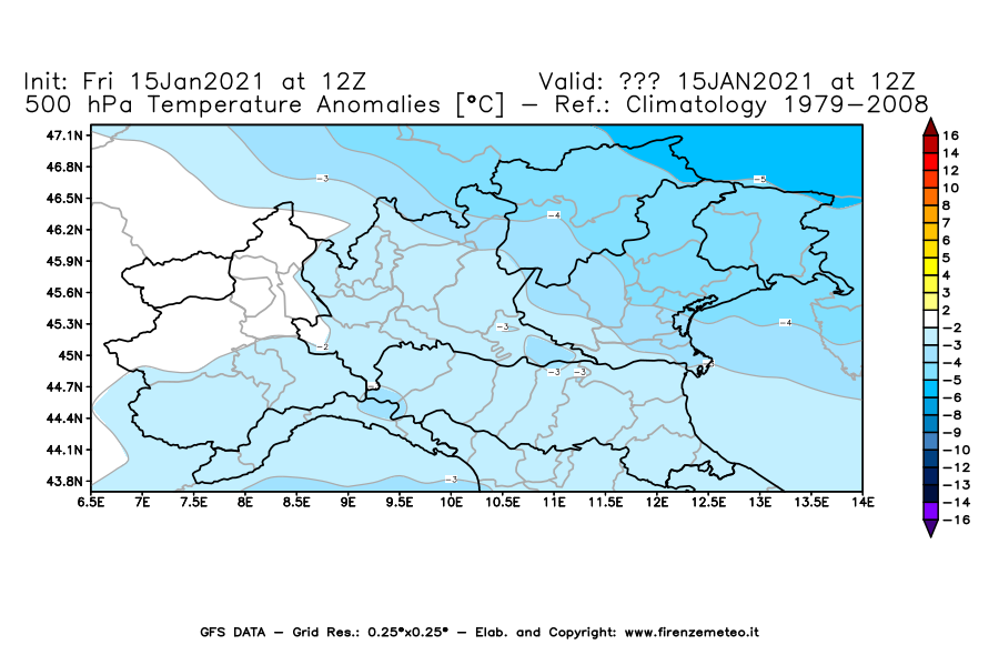 Mappa di analisi GFS - Anomalia Temperatura [°C] a 500 hPa in Nord-Italia
									del 15/01/2021 12 <!--googleoff: index-->UTC<!--googleon: index-->