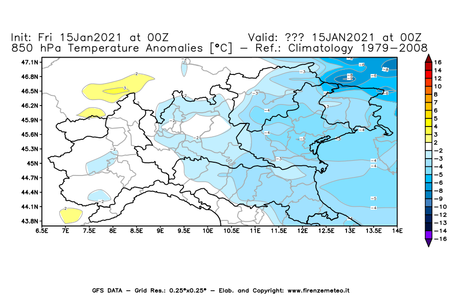 Mappa di analisi GFS - Anomalia Temperatura [°C] a 850 hPa in Nord-Italia
									del 15/01/2021 00 <!--googleoff: index-->UTC<!--googleon: index-->