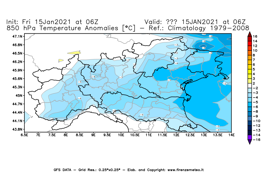 Mappa di analisi GFS - Anomalia Temperatura [°C] a 850 hPa in Nord-Italia
									del 15/01/2021 06 <!--googleoff: index-->UTC<!--googleon: index-->