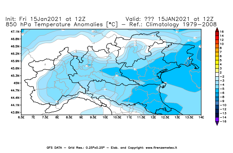 Mappa di analisi GFS - Anomalia Temperatura [°C] a 850 hPa in Nord-Italia
									del 15/01/2021 12 <!--googleoff: index-->UTC<!--googleon: index-->