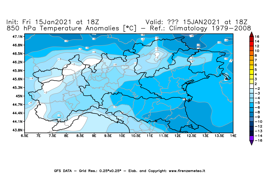 Mappa di analisi GFS - Anomalia Temperatura [°C] a 850 hPa in Nord-Italia
									del 15/01/2021 18 <!--googleoff: index-->UTC<!--googleon: index-->