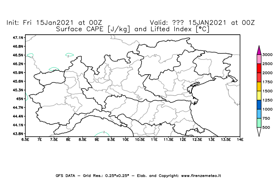 Mappa di analisi GFS - CAPE [J/kg] e Lifted Index [°C] in Nord-Italia
									del 15/01/2021 00 <!--googleoff: index-->UTC<!--googleon: index-->