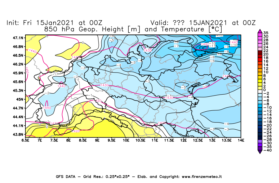Mappa di analisi GFS - Geopotenziale [m] e Temperatura [°C] a 850 hPa in Nord-Italia
									del 15/01/2021 00 <!--googleoff: index-->UTC<!--googleon: index-->