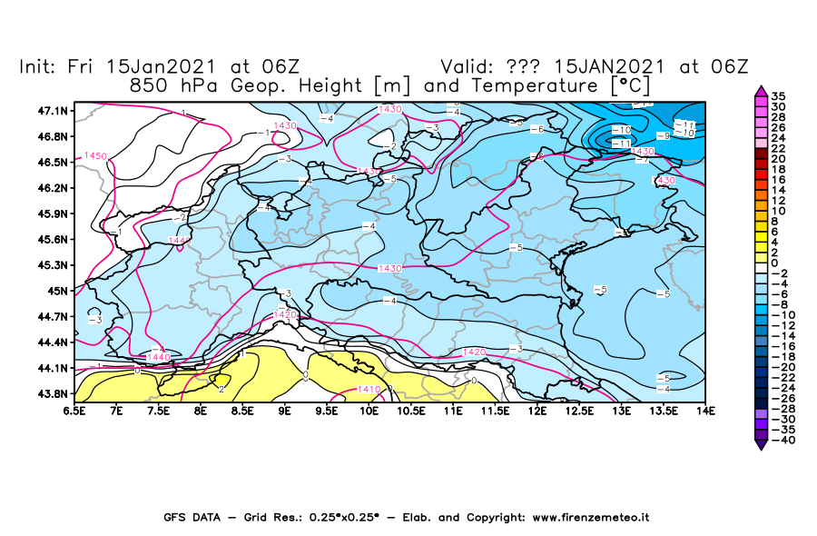 Mappa di analisi GFS - Geopotenziale [m] e Temperatura [°C] a 850 hPa in Nord-Italia
									del 15/01/2021 06 <!--googleoff: index-->UTC<!--googleon: index-->