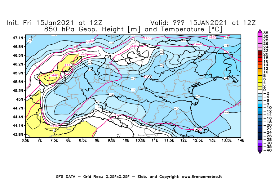 Mappa di analisi GFS - Geopotenziale [m] e Temperatura [°C] a 850 hPa in Nord-Italia
									del 15/01/2021 12 <!--googleoff: index-->UTC<!--googleon: index-->