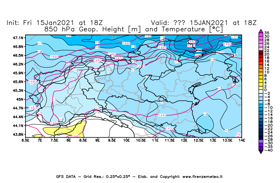Mappa di analisi GFS - Geopotenziale [m] e Temperatura [°C] a 850 hPa in Nord-Italia
									del 15/01/2021 18 <!--googleoff: index-->UTC<!--googleon: index-->