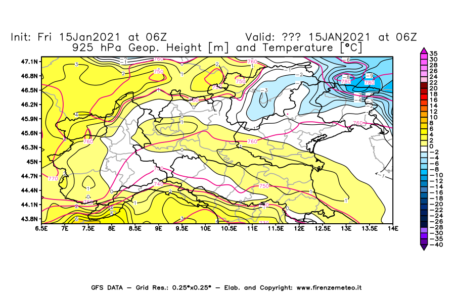 Mappa di analisi GFS - Geopotenziale [m] e Temperatura [°C] a 925 hPa in Nord-Italia
									del 15/01/2021 06 <!--googleoff: index-->UTC<!--googleon: index-->