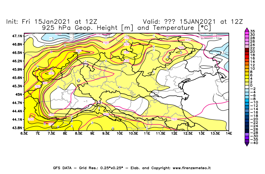 Mappa di analisi GFS - Geopotenziale [m] e Temperatura [°C] a 925 hPa in Nord-Italia
									del 15/01/2021 12 <!--googleoff: index-->UTC<!--googleon: index-->