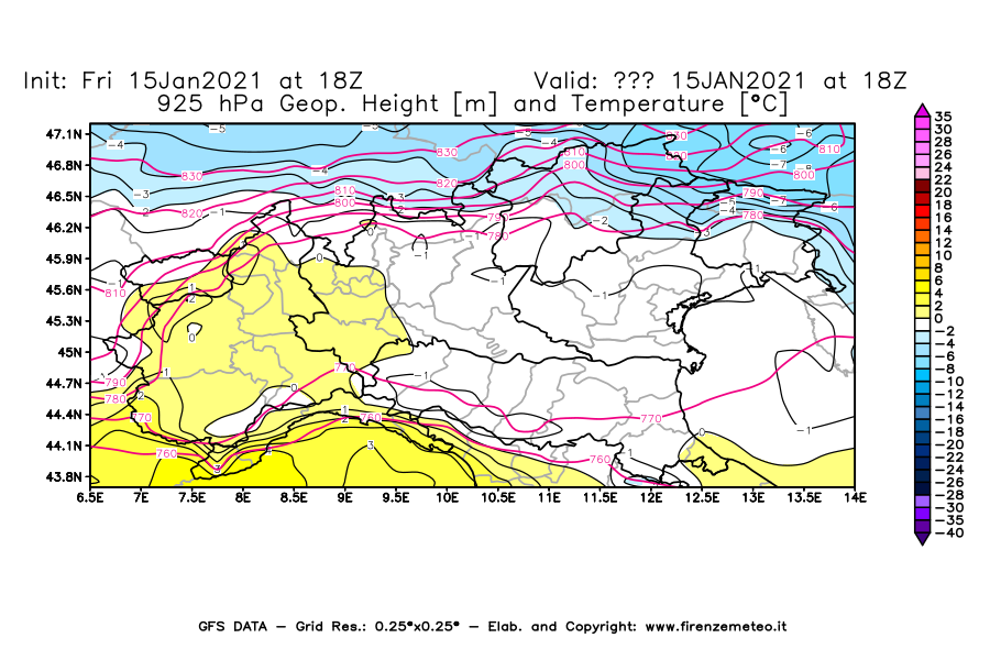 Mappa di analisi GFS - Geopotenziale [m] e Temperatura [°C] a 925 hPa in Nord-Italia
									del 15/01/2021 18 <!--googleoff: index-->UTC<!--googleon: index-->