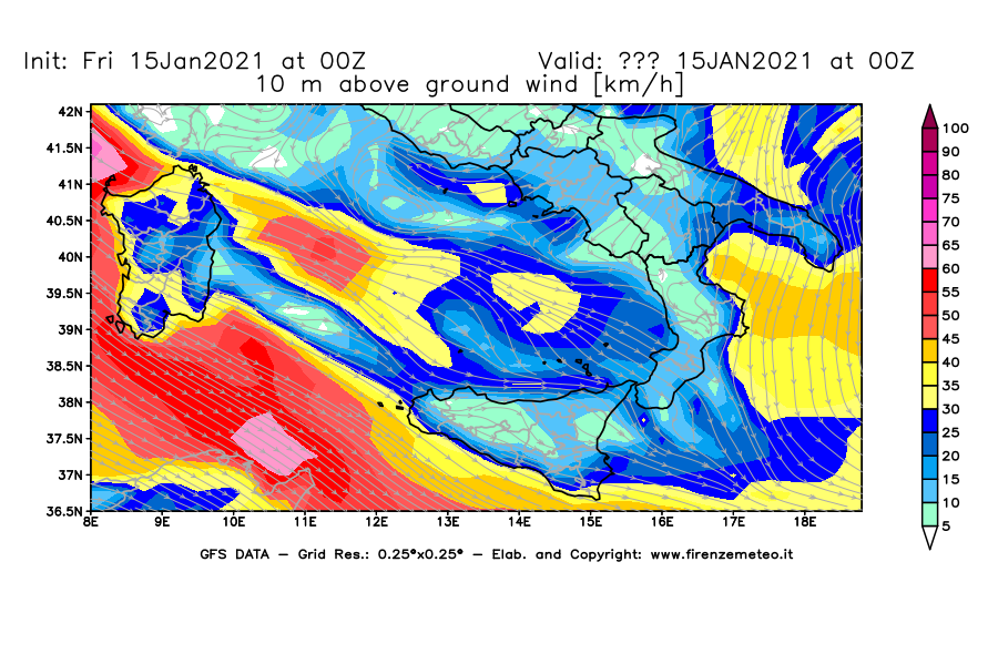 Mappa di analisi GFS - Velocità del vento a 10 metri dal suolo [km/h] in Sud-Italia
									del 15/01/2021 00 <!--googleoff: index-->UTC<!--googleon: index-->