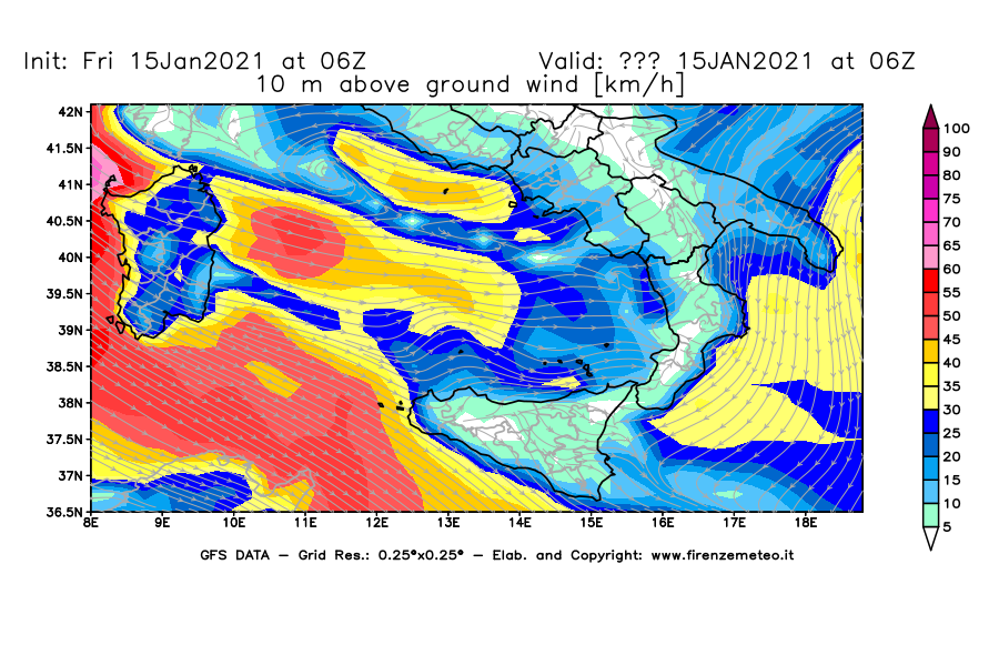 Mappa di analisi GFS - Velocità del vento a 10 metri dal suolo [km/h] in Sud-Italia
									del 15/01/2021 06 <!--googleoff: index-->UTC<!--googleon: index-->