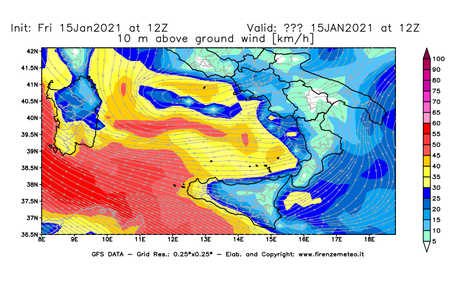Mappa di analisi GFS - Velocità del vento a 10 metri dal suolo [km/h] in Sud-Italia
									del 15/01/2021 12 <!--googleoff: index-->UTC<!--googleon: index-->