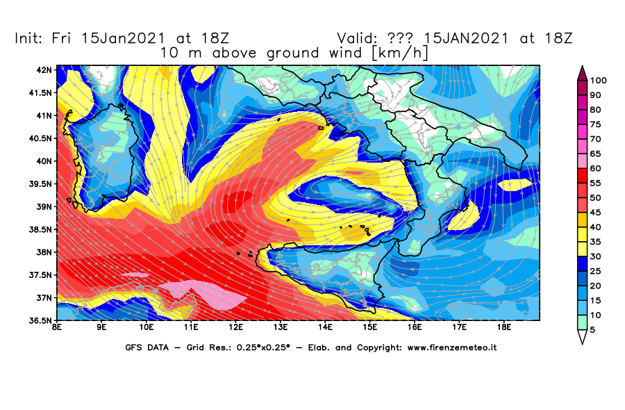 Mappa di analisi GFS - Velocità del vento a 10 metri dal suolo [km/h] in Sud-Italia
									del 15/01/2021 18 <!--googleoff: index-->UTC<!--googleon: index-->