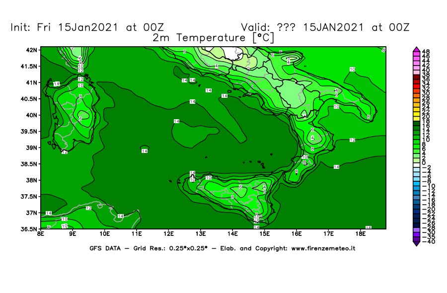 Mappa di analisi GFS - Temperatura a 2 metri dal suolo [°C] in Sud-Italia
									del 15/01/2021 00 <!--googleoff: index-->UTC<!--googleon: index-->