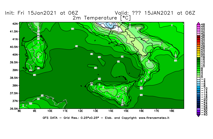 Mappa di analisi GFS - Temperatura a 2 metri dal suolo [°C] in Sud-Italia
									del 15/01/2021 06 <!--googleoff: index-->UTC<!--googleon: index-->