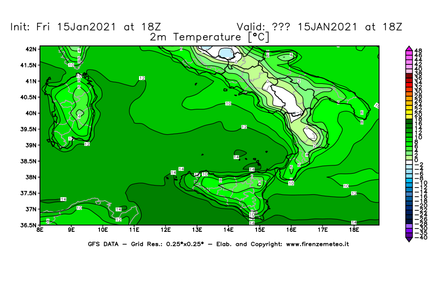 Mappa di analisi GFS - Temperatura a 2 metri dal suolo [°C] in Sud-Italia
									del 15/01/2021 18 <!--googleoff: index-->UTC<!--googleon: index-->