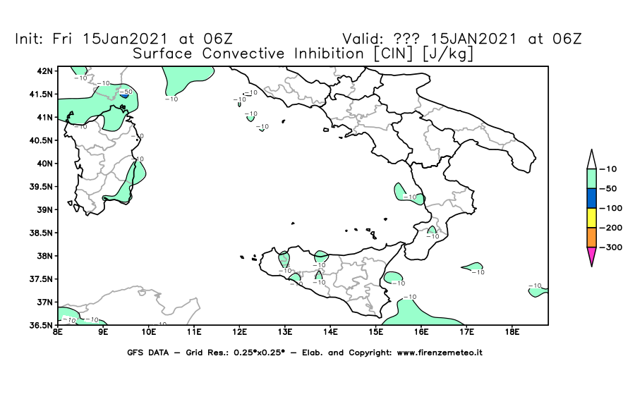 Mappa di analisi GFS - CIN [J/kg] in Sud-Italia
									del 15/01/2021 06 <!--googleoff: index-->UTC<!--googleon: index-->