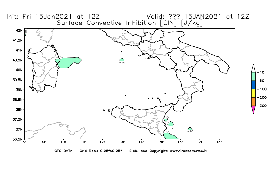 Mappa di analisi GFS - CIN [J/kg] in Sud-Italia
									del 15/01/2021 12 <!--googleoff: index-->UTC<!--googleon: index-->