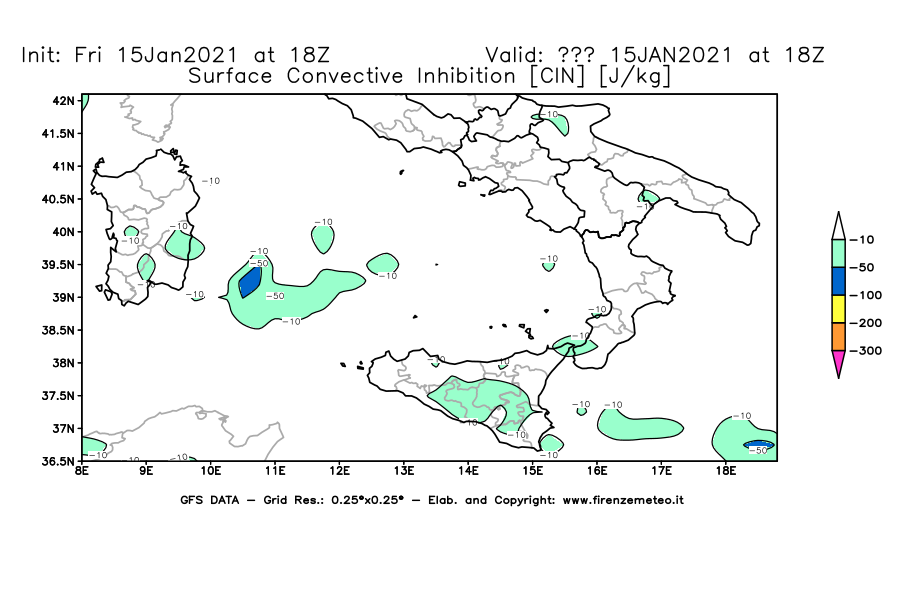 Mappa di analisi GFS - CIN [J/kg] in Sud-Italia
									del 15/01/2021 18 <!--googleoff: index-->UTC<!--googleon: index-->