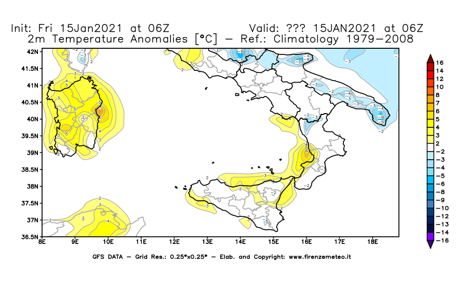 Mappa di analisi GFS - Anomalia Temperatura [°C] a 2 m in Sud-Italia
									del 15/01/2021 06 <!--googleoff: index-->UTC<!--googleon: index-->