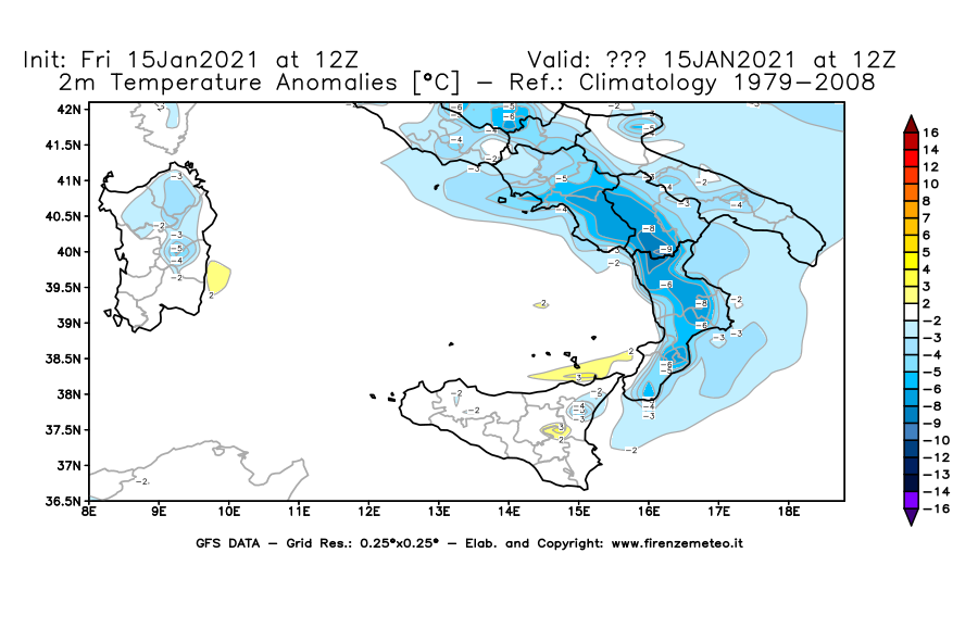 Mappa di analisi GFS - Anomalia Temperatura [°C] a 2 m in Sud-Italia
									del 15/01/2021 12 <!--googleoff: index-->UTC<!--googleon: index-->