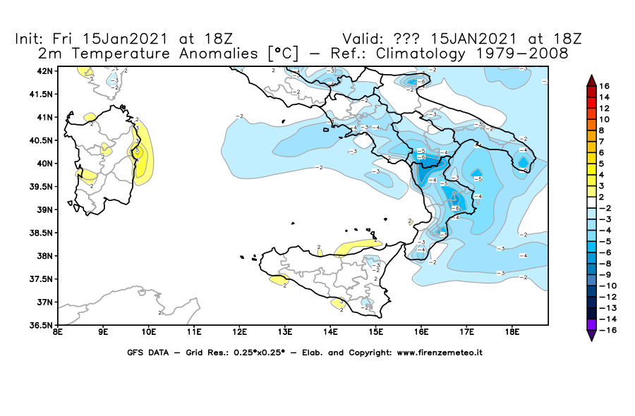 Mappa di analisi GFS - Anomalia Temperatura [°C] a 2 m in Sud-Italia
									del 15/01/2021 18 <!--googleoff: index-->UTC<!--googleon: index-->