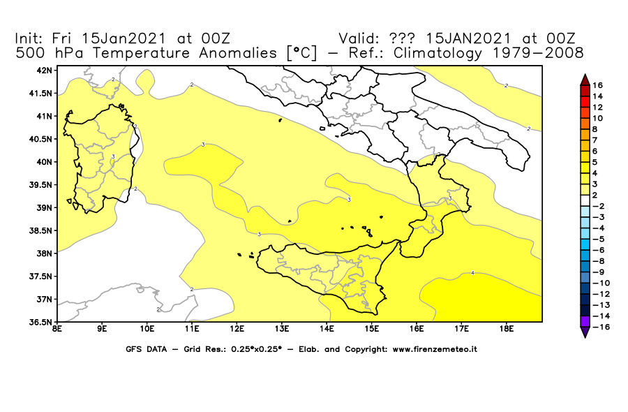 Mappa di analisi GFS - Anomalia Temperatura [°C] a 500 hPa in Sud-Italia
									del 15/01/2021 00 <!--googleoff: index-->UTC<!--googleon: index-->