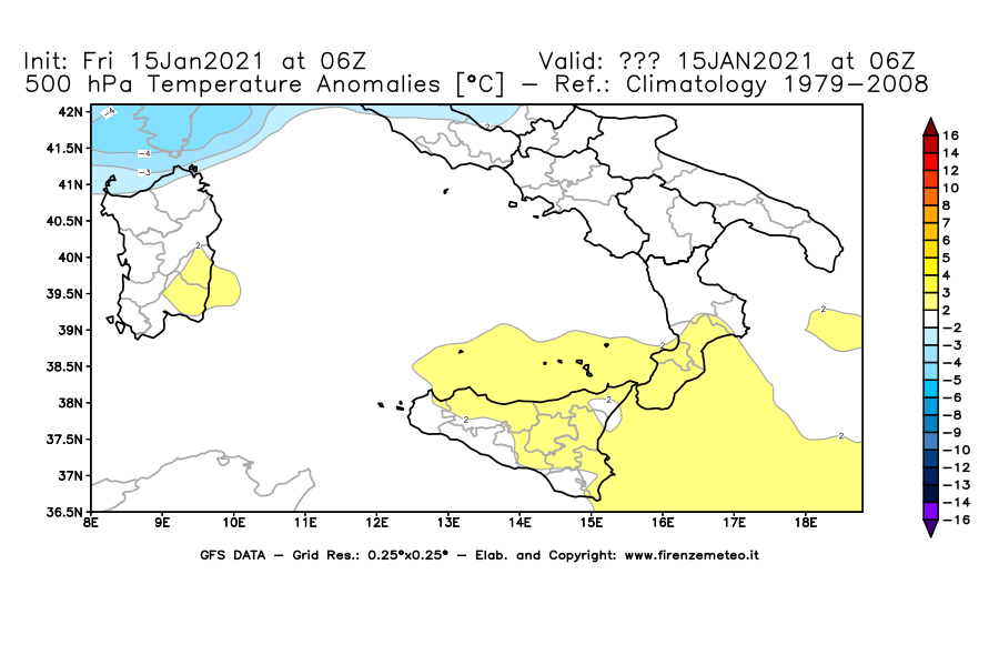 Mappa di analisi GFS - Anomalia Temperatura [°C] a 500 hPa in Sud-Italia
									del 15/01/2021 06 <!--googleoff: index-->UTC<!--googleon: index-->
