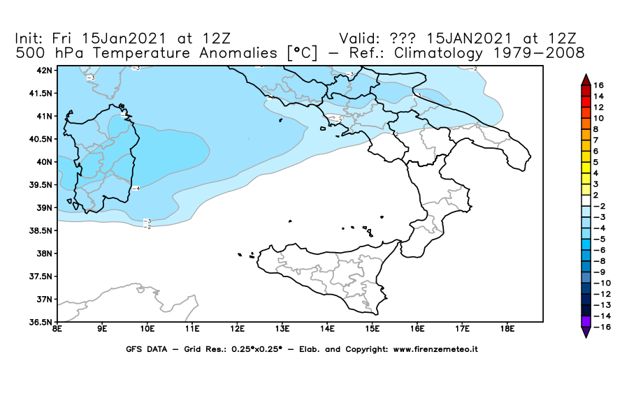 Mappa di analisi GFS - Anomalia Temperatura [°C] a 500 hPa in Sud-Italia
									del 15/01/2021 12 <!--googleoff: index-->UTC<!--googleon: index-->