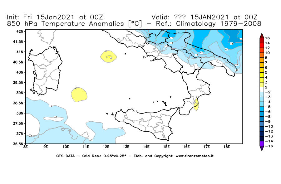Mappa di analisi GFS - Anomalia Temperatura [°C] a 850 hPa in Sud-Italia
									del 15/01/2021 00 <!--googleoff: index-->UTC<!--googleon: index-->