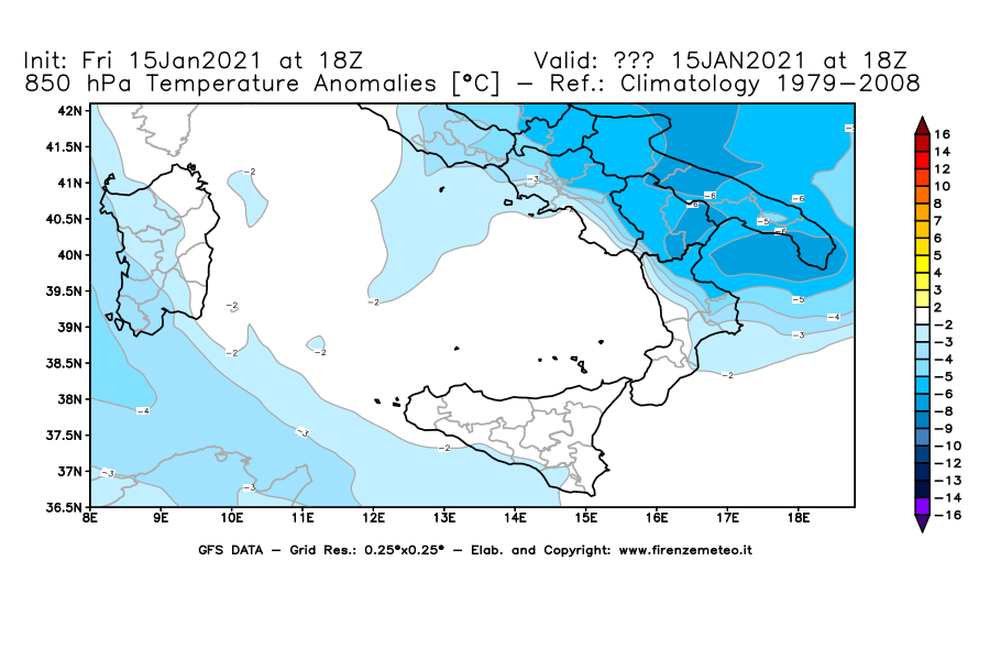 Mappa di analisi GFS - Anomalia Temperatura [°C] a 850 hPa in Sud-Italia
									del 15/01/2021 18 <!--googleoff: index-->UTC<!--googleon: index-->