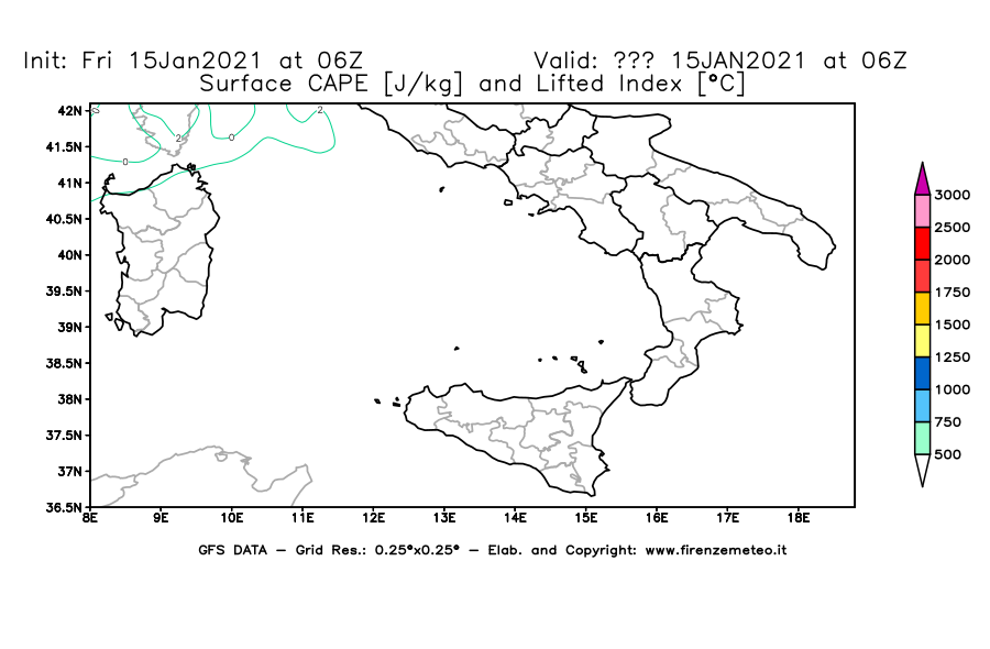 Mappa di analisi GFS - CAPE [J/kg] e Lifted Index [°C] in Sud-Italia
									del 15/01/2021 06 <!--googleoff: index-->UTC<!--googleon: index-->