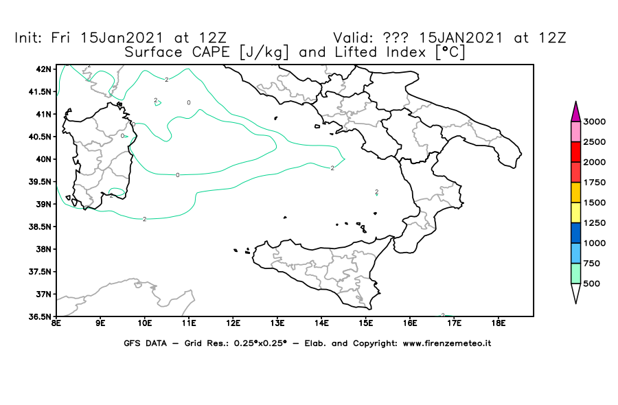 Mappa di analisi GFS - CAPE [J/kg] e Lifted Index [°C] in Sud-Italia
									del 15/01/2021 12 <!--googleoff: index-->UTC<!--googleon: index-->