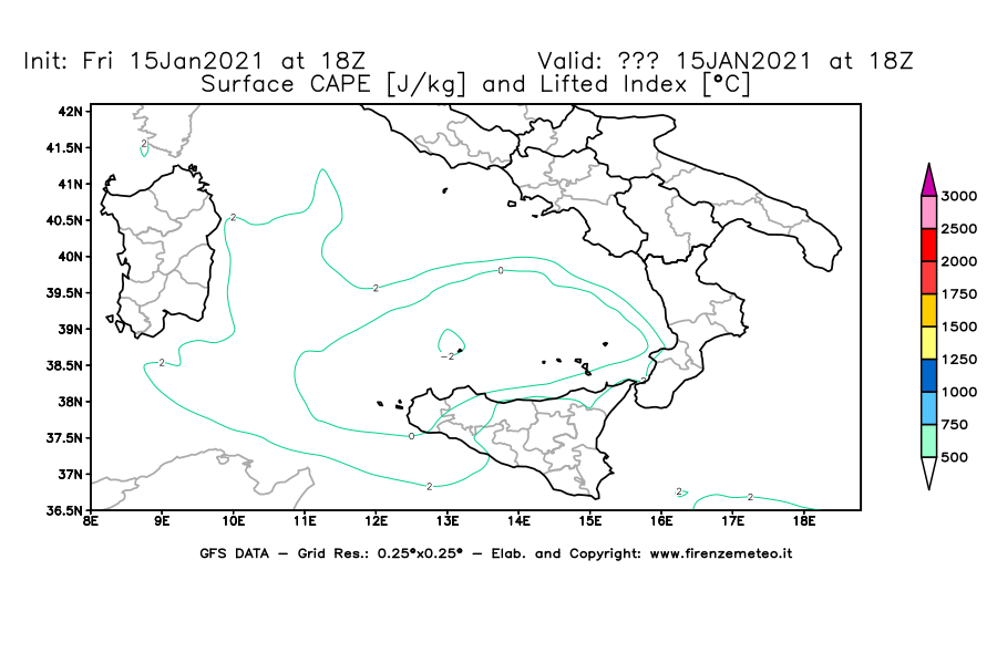 Mappa di analisi GFS - CAPE [J/kg] e Lifted Index [°C] in Sud-Italia
									del 15/01/2021 18 <!--googleoff: index-->UTC<!--googleon: index-->