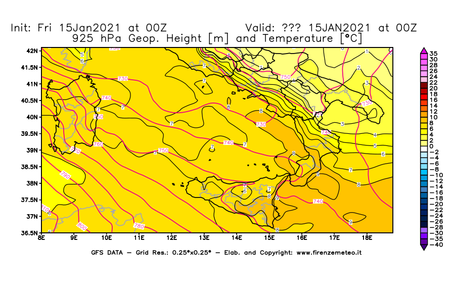 Mappa di analisi GFS - Geopotenziale [m] e Temperatura [°C] a 925 hPa in Sud-Italia
									del 15/01/2021 00 <!--googleoff: index-->UTC<!--googleon: index-->