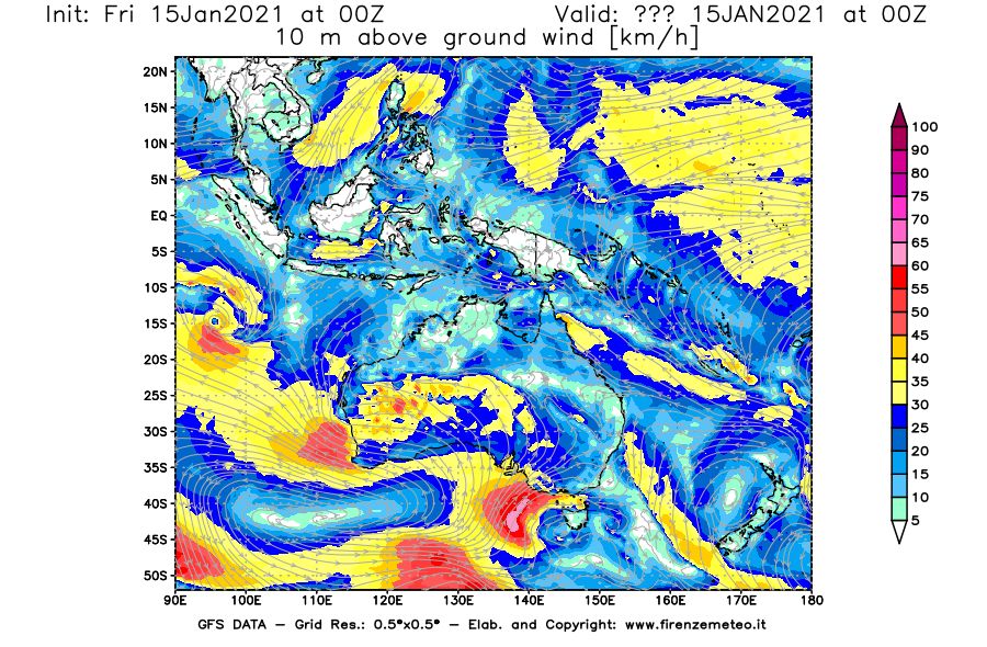 Mappa di analisi GFS - Velocità del vento a 10 metri dal suolo [km/h] in Oceania
									del 15/01/2021 00 <!--googleoff: index-->UTC<!--googleon: index-->