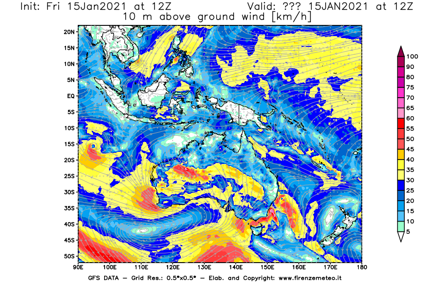 Mappa di analisi GFS - Velocità del vento a 10 metri dal suolo [km/h] in Oceania
									del 15/01/2021 12 <!--googleoff: index-->UTC<!--googleon: index-->