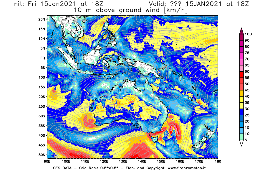 Mappa di analisi GFS - Velocità del vento a 10 metri dal suolo [km/h] in Oceania
									del 15/01/2021 18 <!--googleoff: index-->UTC<!--googleon: index-->