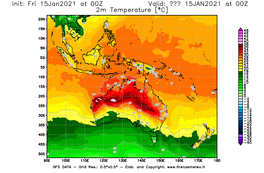 Mappa di analisi GFS - Temperatura a 2 metri dal suolo [°C] in Oceania
									del 15/01/2021 00 <!--googleoff: index-->UTC<!--googleon: index-->