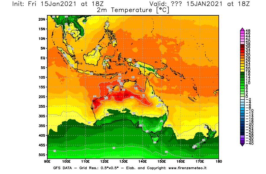 Mappa di analisi GFS - Temperatura a 2 metri dal suolo [°C] in Oceania
									del 15/01/2021 18 <!--googleoff: index-->UTC<!--googleon: index-->
